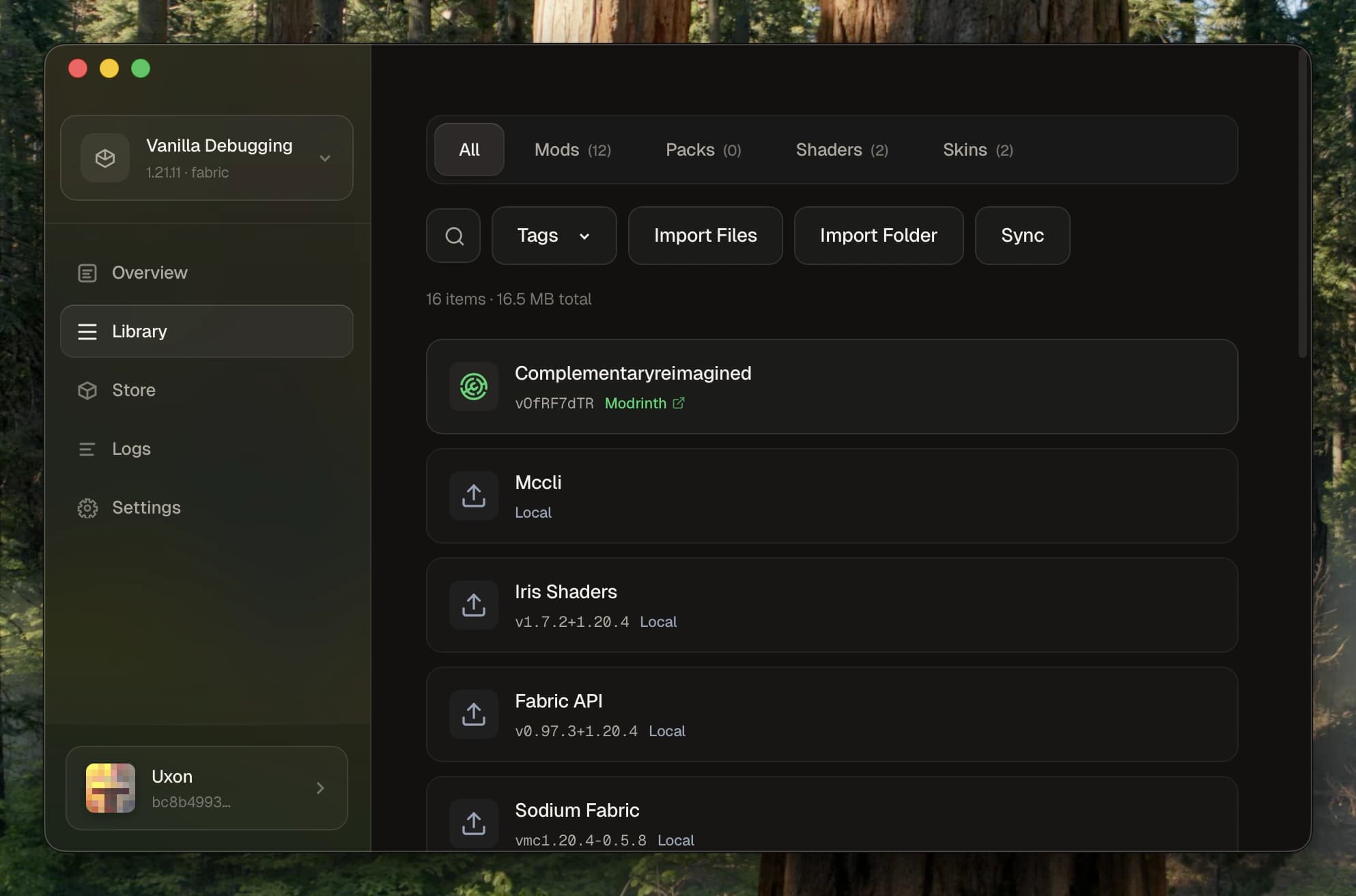 Content library showing all downloaded mods