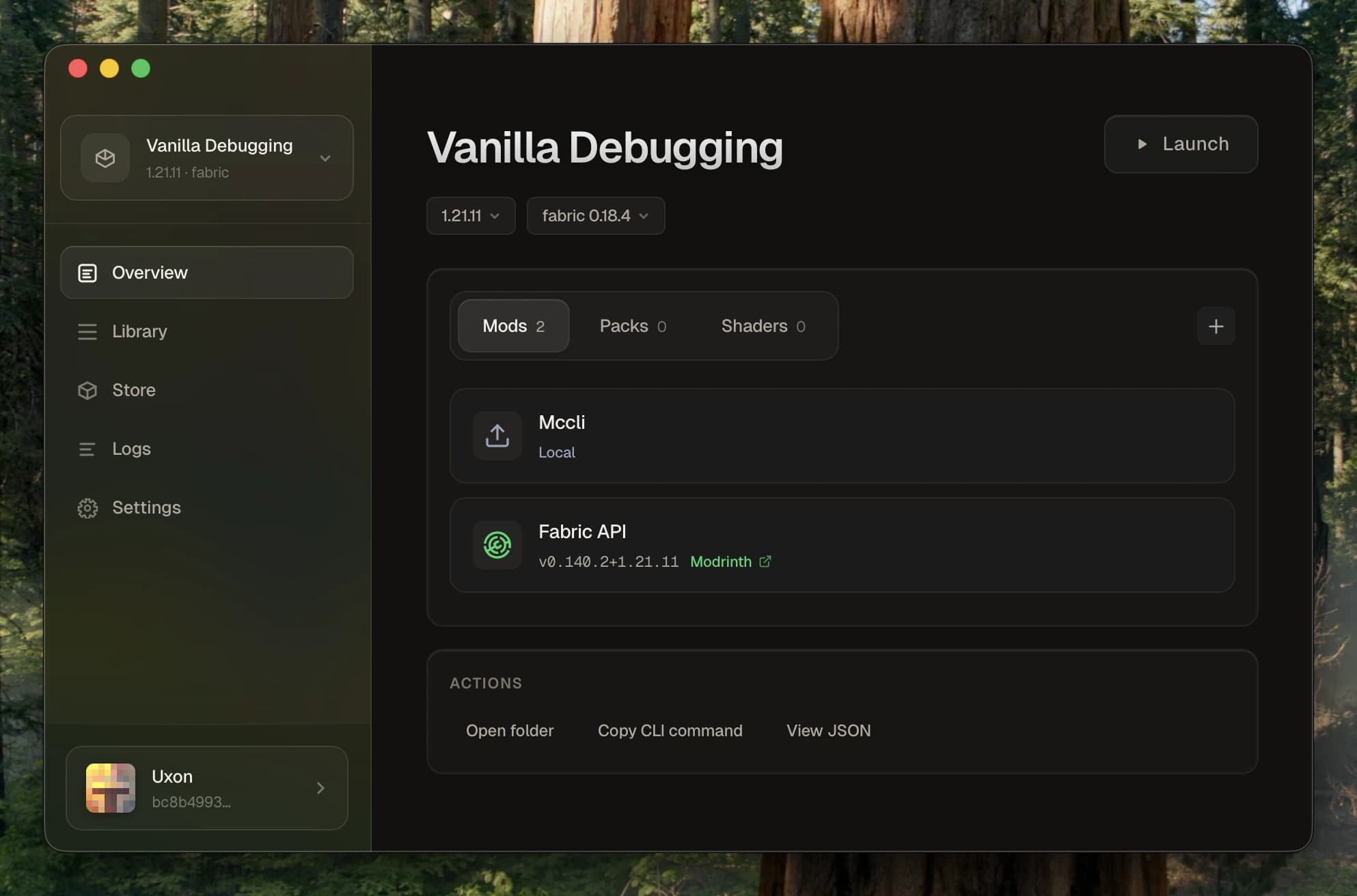 Profile overview with mods, resource packs, and shaders